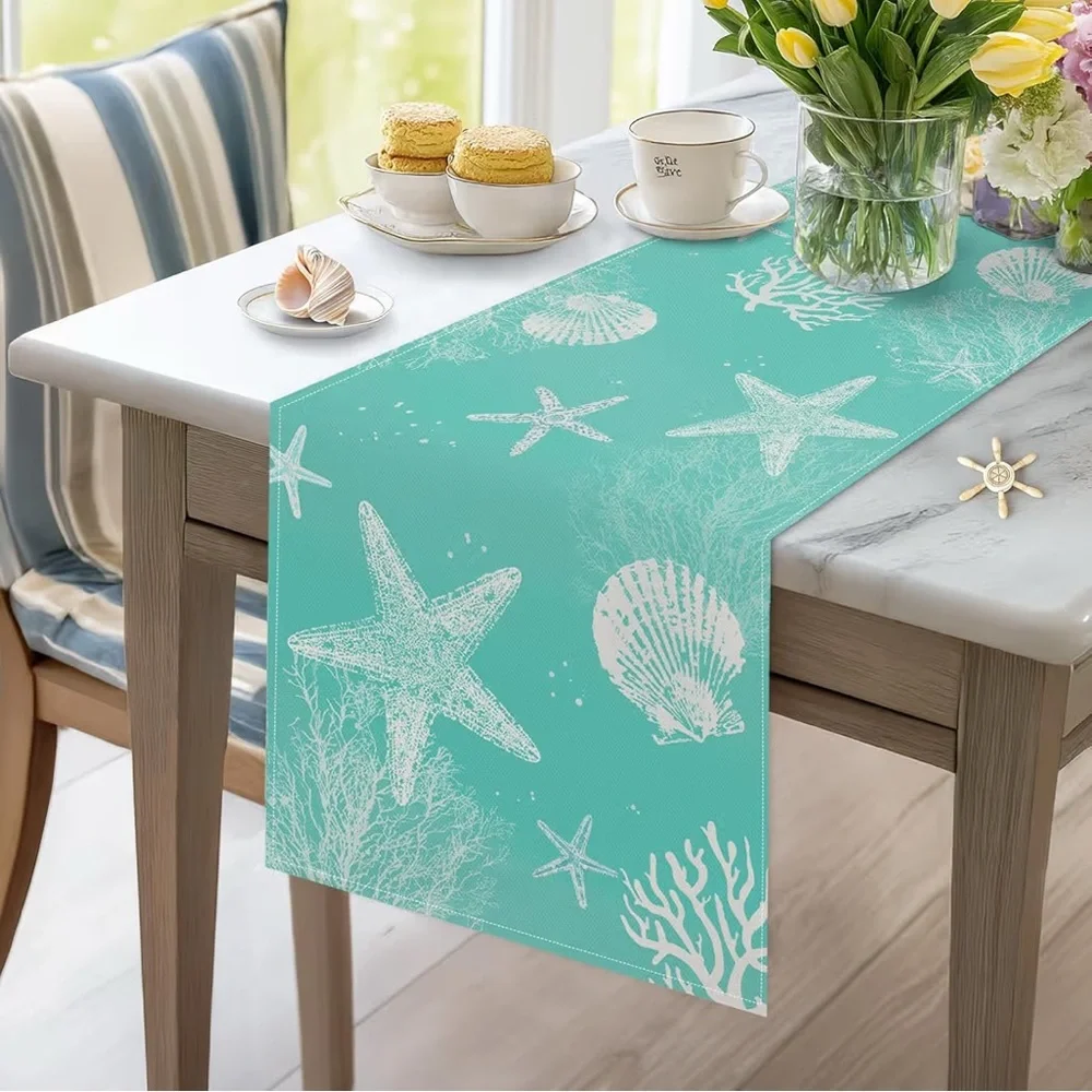 Bonhause Turquoise Coastal Ocean Table Runner 13x72 Inch Teal Blue Beach